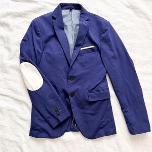 Zara Men's Blue Blazer with White Elbow Patch